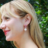Pink Sapphire Diamond Double Blossom Pearl Convertible Drop Earrings 14k yellow gold