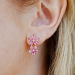 Natural Pink Sapphire Diamond Double Blossom Drop Earrings 14k yellow gold