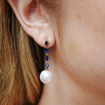 Rhythm Natural Blue Sapphire Diamond and Cultured Pearl Drop Earrings 14k Yellow Gold