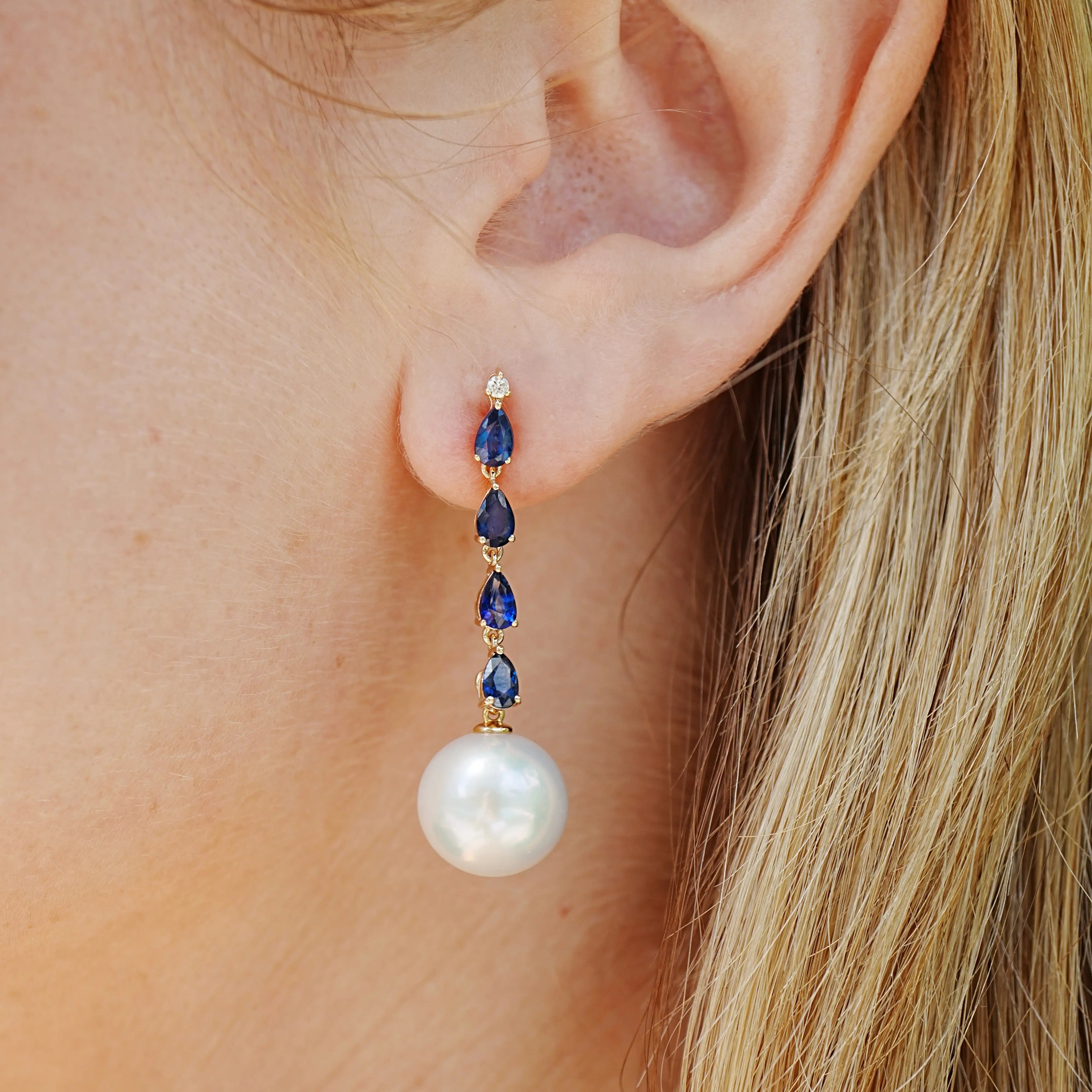 Rhythm Natural Blue Sapphire Diamond and Cultured Pearl Drop Earrings 14k Yellow Gold