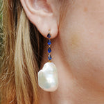 Natural Blue Sapphire Diamond and Baroque Pearl Drop Earrings 14k yellow gold