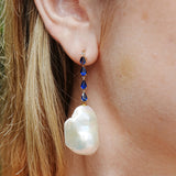 Natural Blue Sapphire Diamond and Baroque Pearl Drop Earrings 14k yellow gold