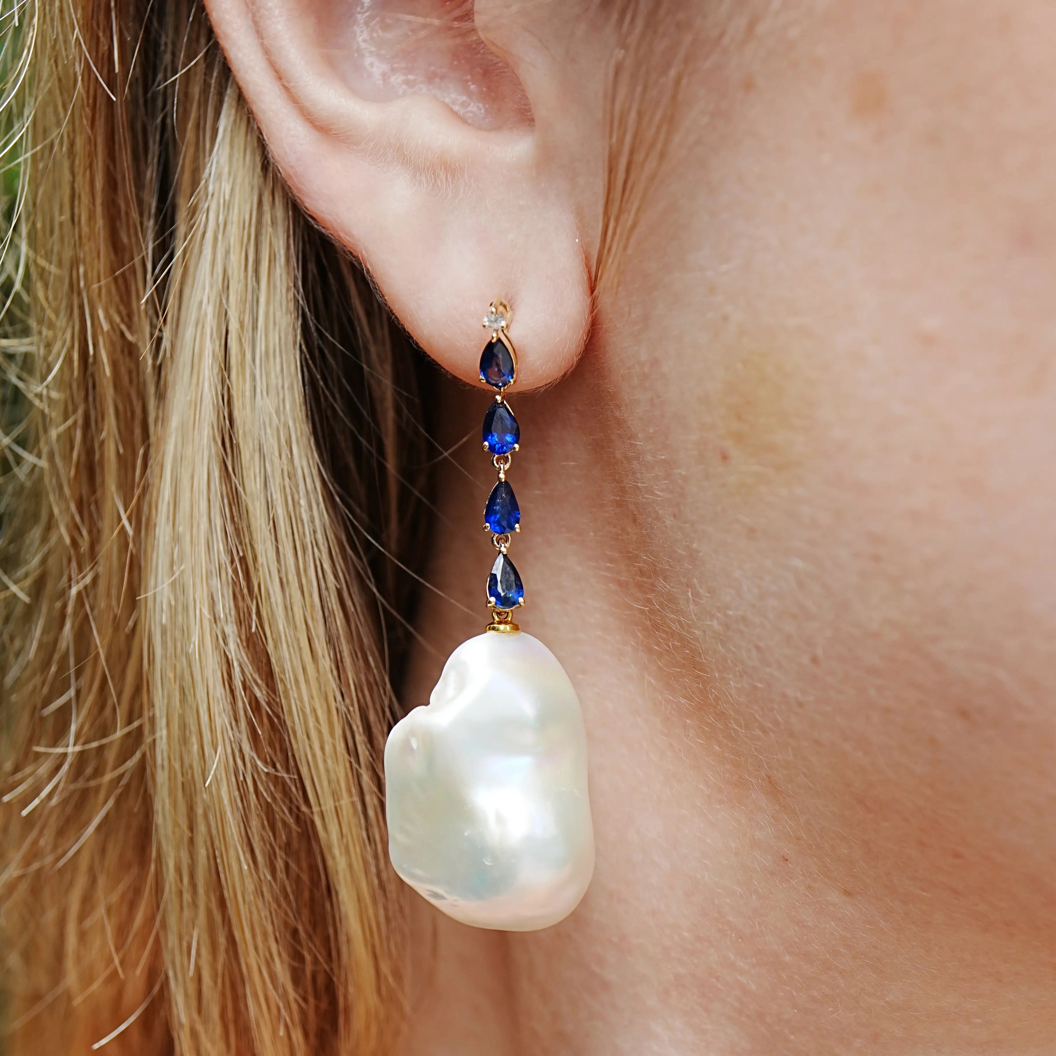 Natural Blue Sapphire Diamond and Baroque Pearl Drop Earrings 14k yellow gold