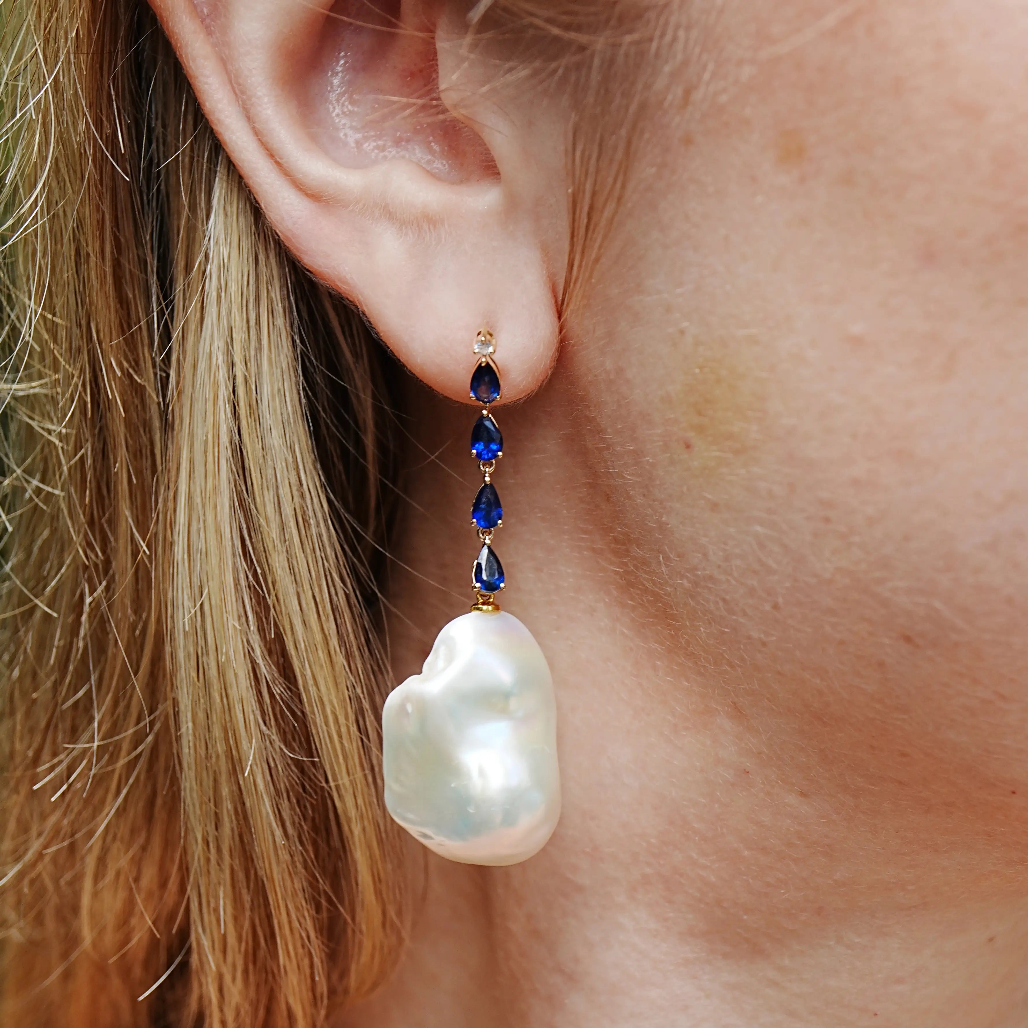 Natural Blue Sapphire Diamond and Baroque Pearl Drop Earrings 14k yellow gold