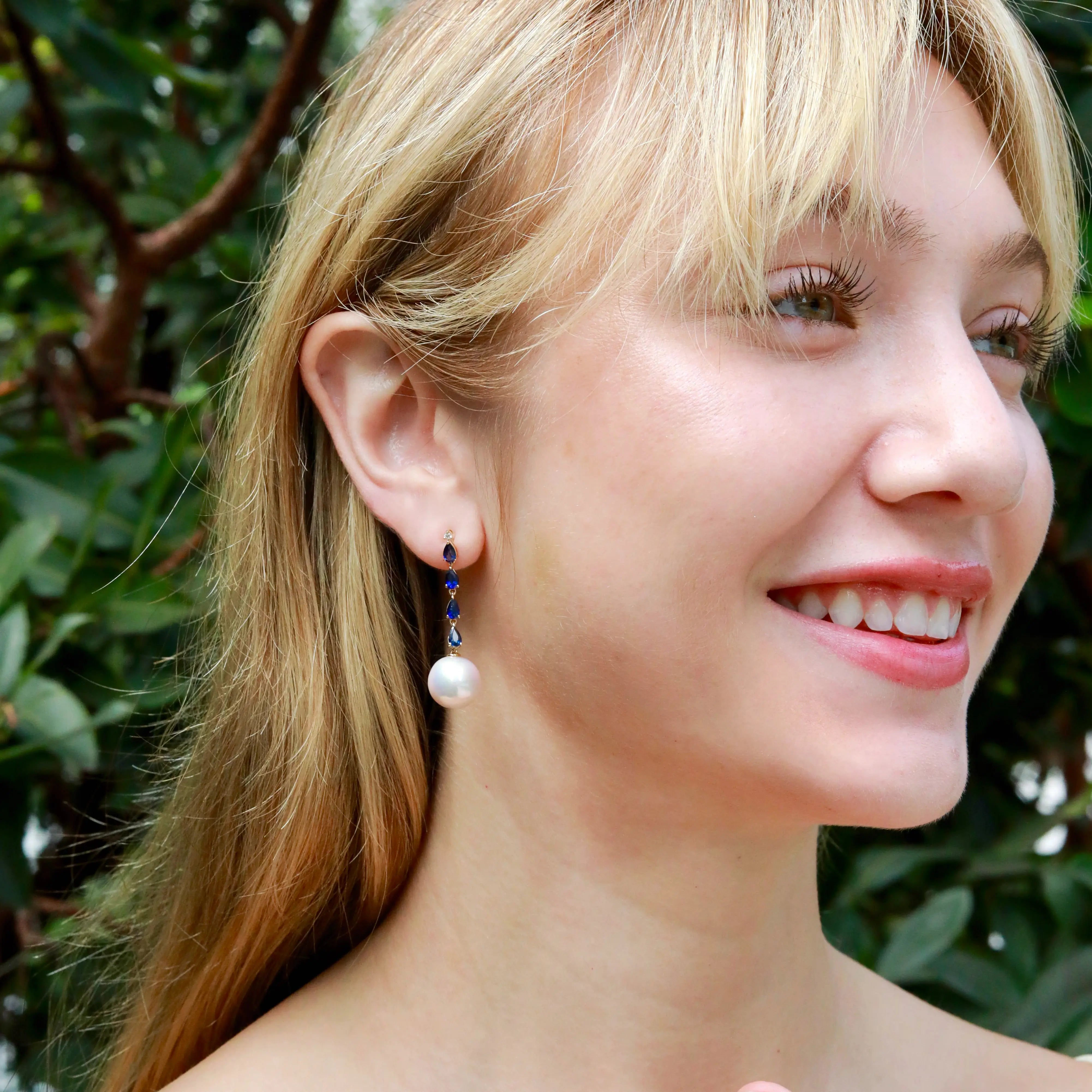 Rhythm Natural Blue Sapphire Diamond and Cultured Pearl Drop Earrings 14k Yellow Gold