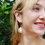 Natural Blue Sapphire Diamond and Baroque Pearl Drop Earrings 14k yellow gold