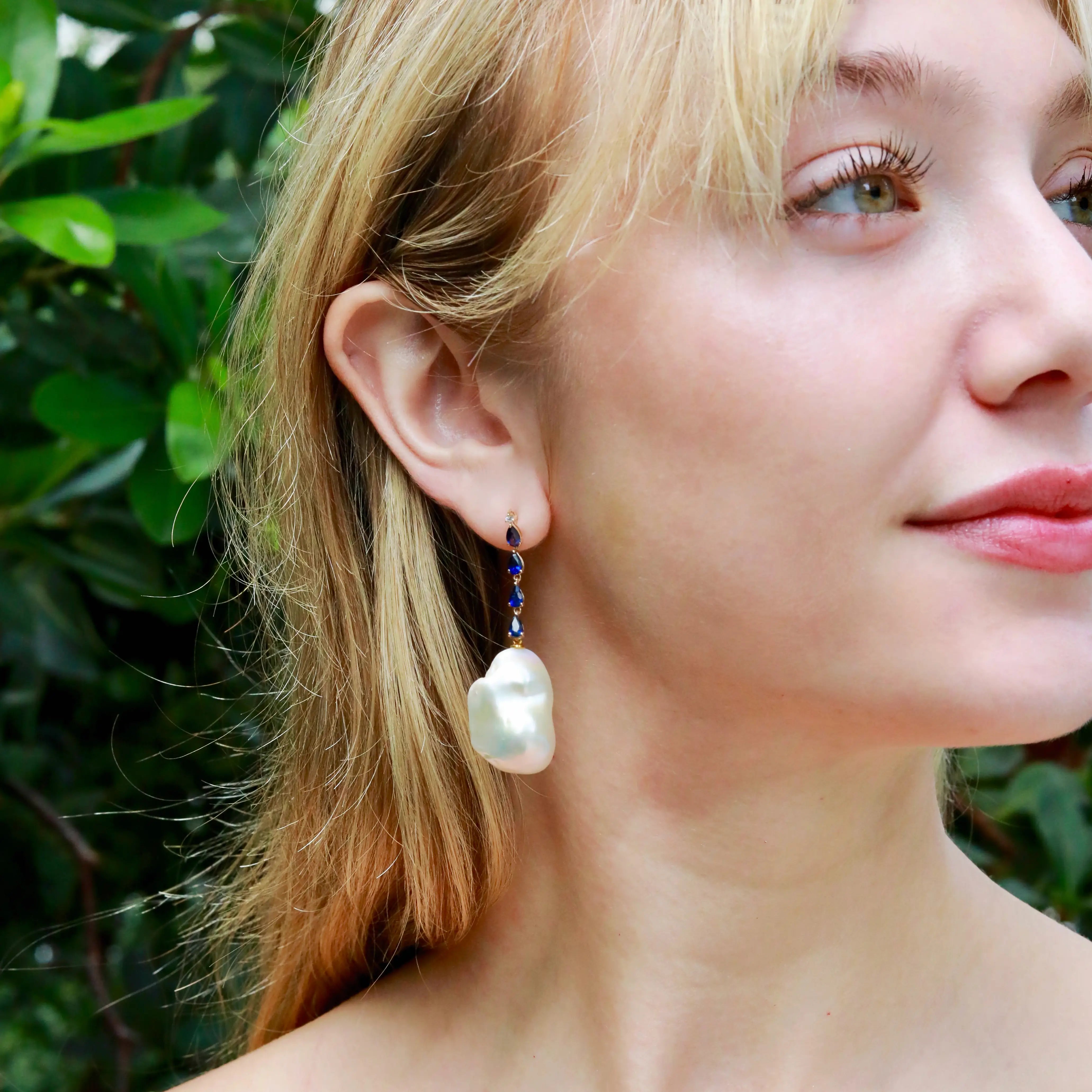 Natural Blue Sapphire Diamond and Baroque Pearl Drop Earrings 14k yellow gold