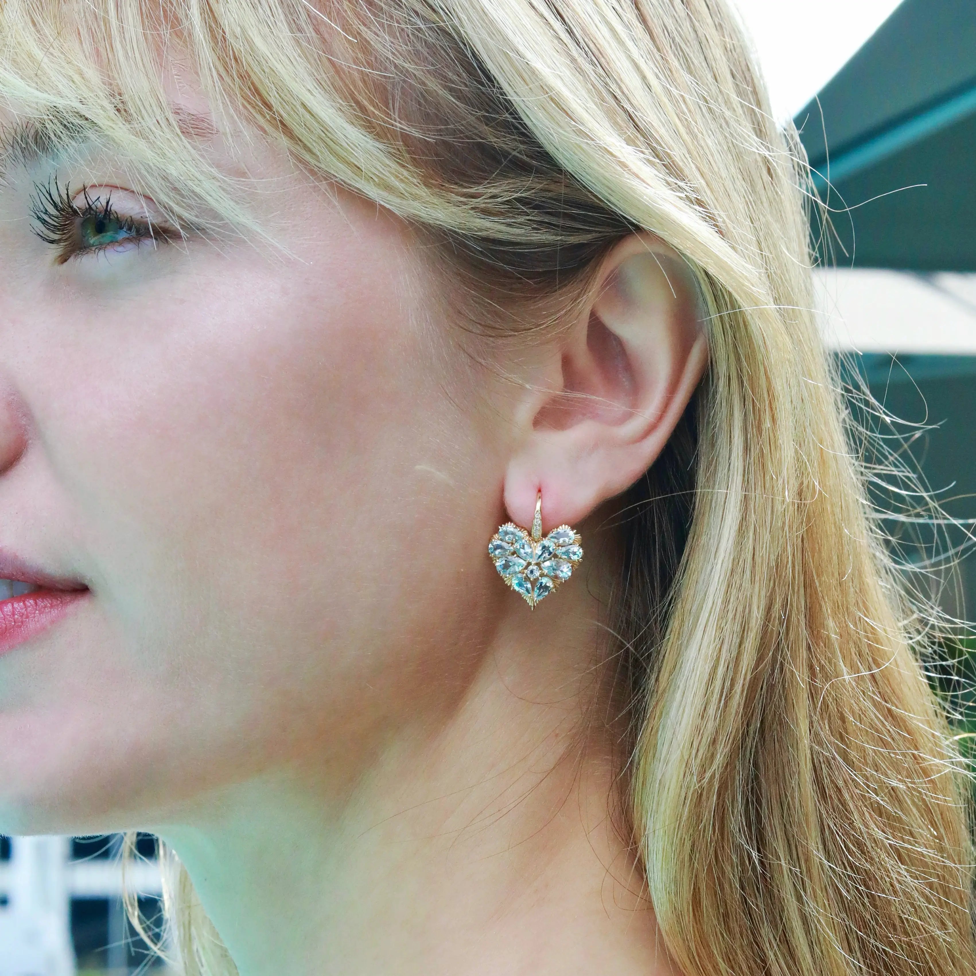 Fantasy Heart Natural Aquamarine Diamond Drop Earrings 14k yellow gold