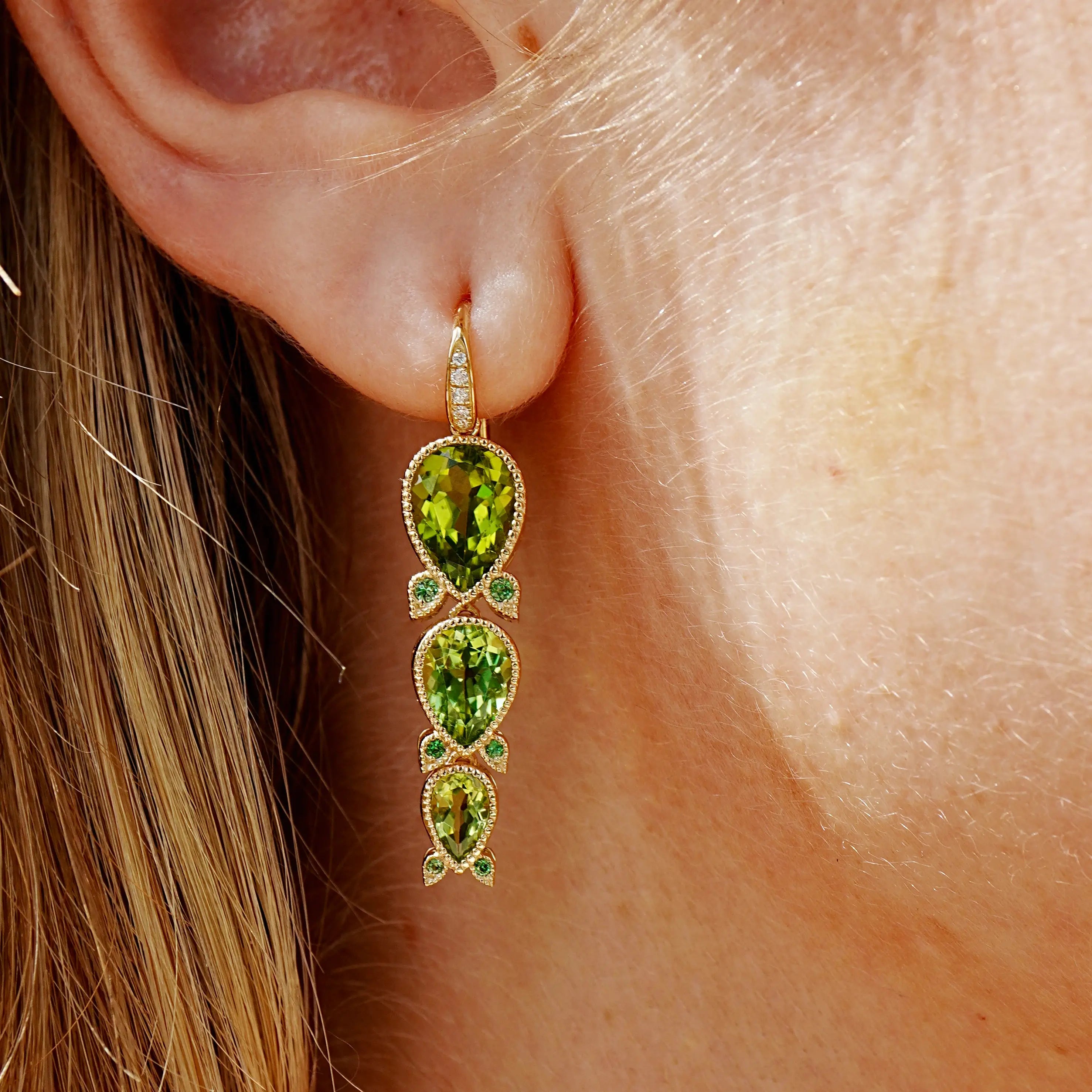 Lily of the Valley Natural Peridot Tsavorite Diamond Drop Earrings.14k yellow gold