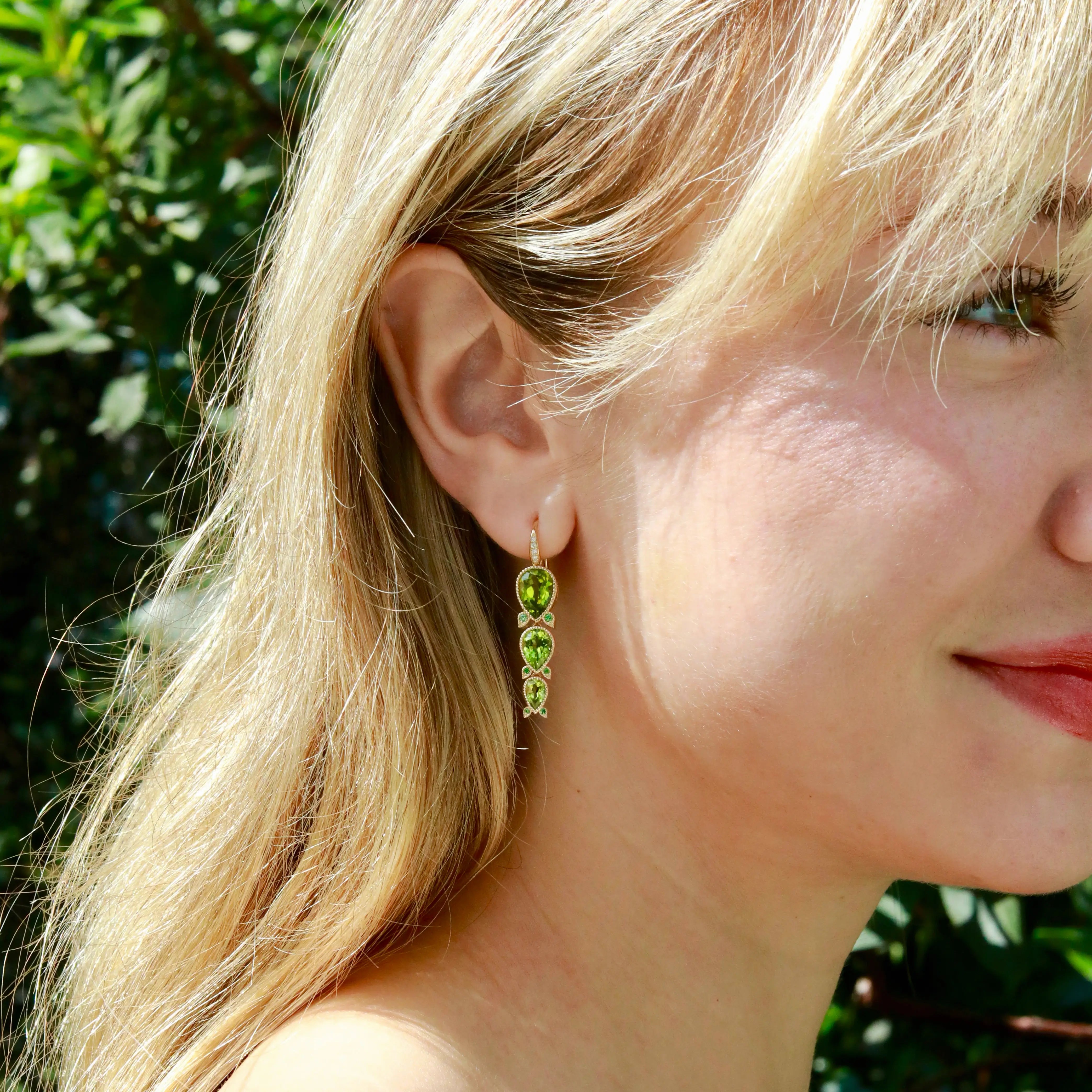 Lily of the Valley Natural Peridot Tsavorite Diamond Drop Earrings.14k yellow gold
