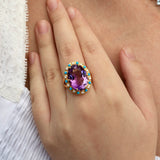 Amethyst Turquoise Diamond Vintage-Style Cocktail Ring