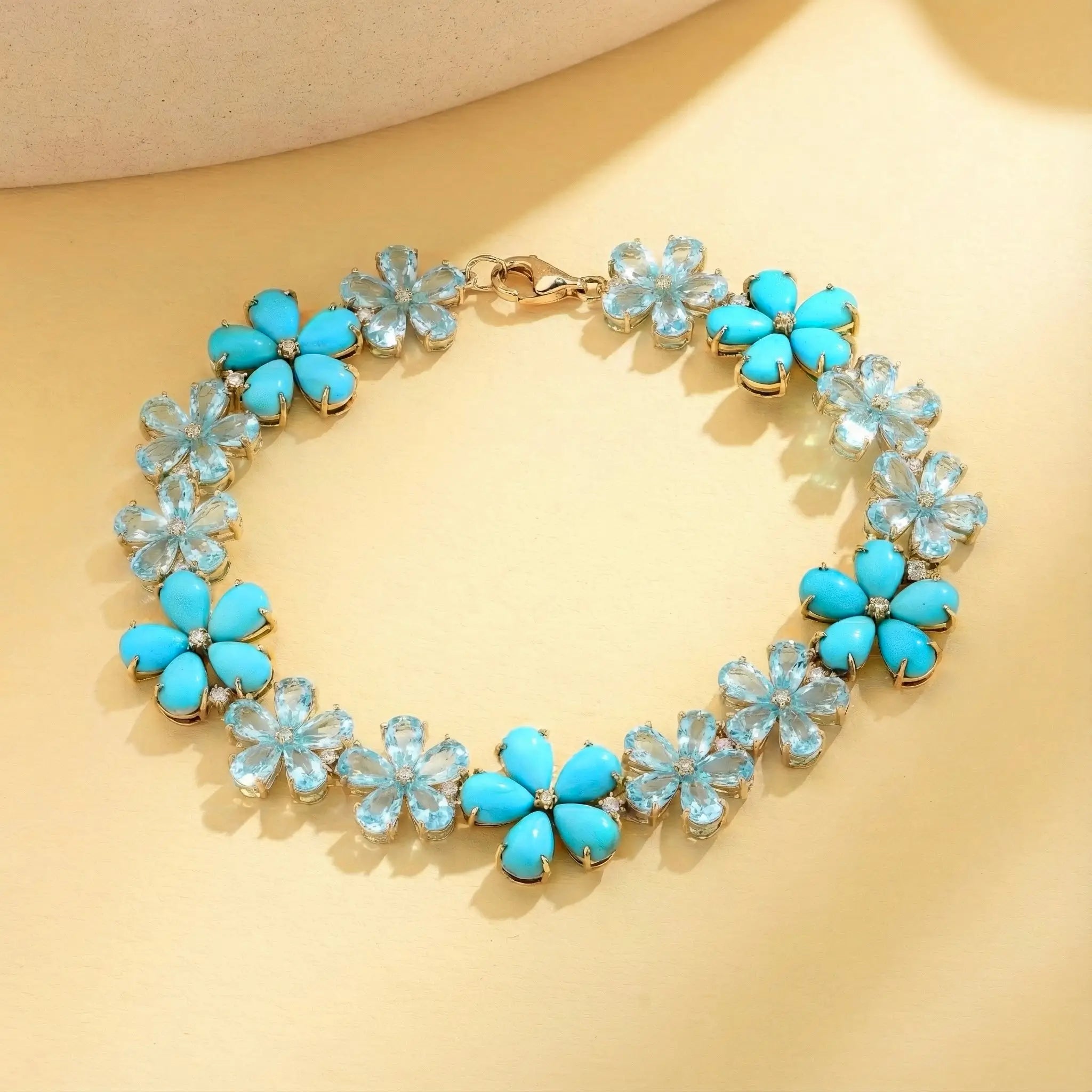 Natural Turquoise Aquamarine Diamond Cherry Blossom Bracelet in 14k Gold