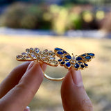 Sapphire Aquamarine Diamond Two Butterfly Between the Finger Cocktail Ring