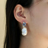 Elizabeth Sapphire, Aquamarine and Diamond Cluster Baroque Pearl Drop Earrings