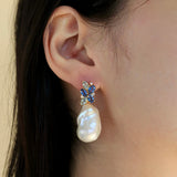 Elizabeth Sapphire, Aquamarine and Diamond Cluster Baroque Pearl Drop Earrings