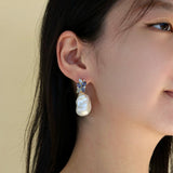 Elizabeth Sapphire, Aquamarine and Diamond Cluster Baroque Pearl Drop Earrings