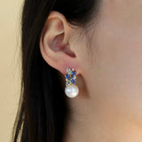 Elizabeth Sapphire, Aquamarine and Diamond Cluster Pearl Drop Earrings