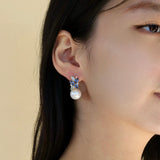 Elizabeth Sapphire, Aquamarine and Diamond Cluster Pearl Drop Earrings