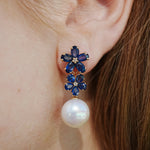 Natural blue Sapphire Diamond Double Blossom Pearl Convertible Drop Earrings in 14k gold