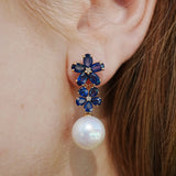 Natural blue Sapphire Diamond Double Blossom Pearl Convertible Drop Earrings in 14k gold