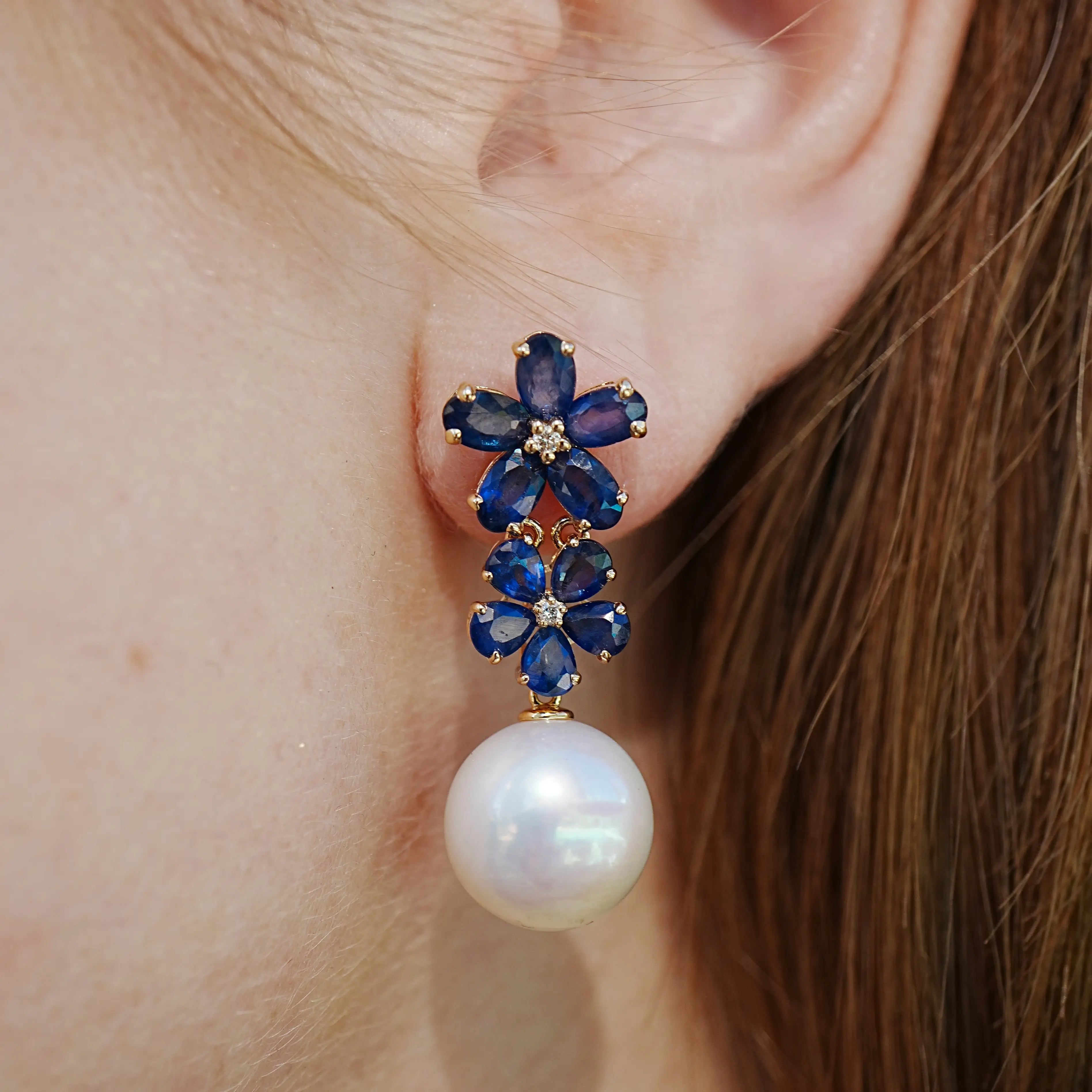 Natural blue Sapphire Diamond Double Blossom Pearl Convertible Drop Earrings in 14k gold