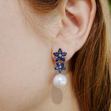 Natural blue Sapphire Diamond Double Blossom Pearl Convertible Drop Earrings in 14k gold