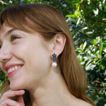 Natural blue Sapphire Diamond Double Blossom Pearl Convertible Drop Earrings in 14k gold