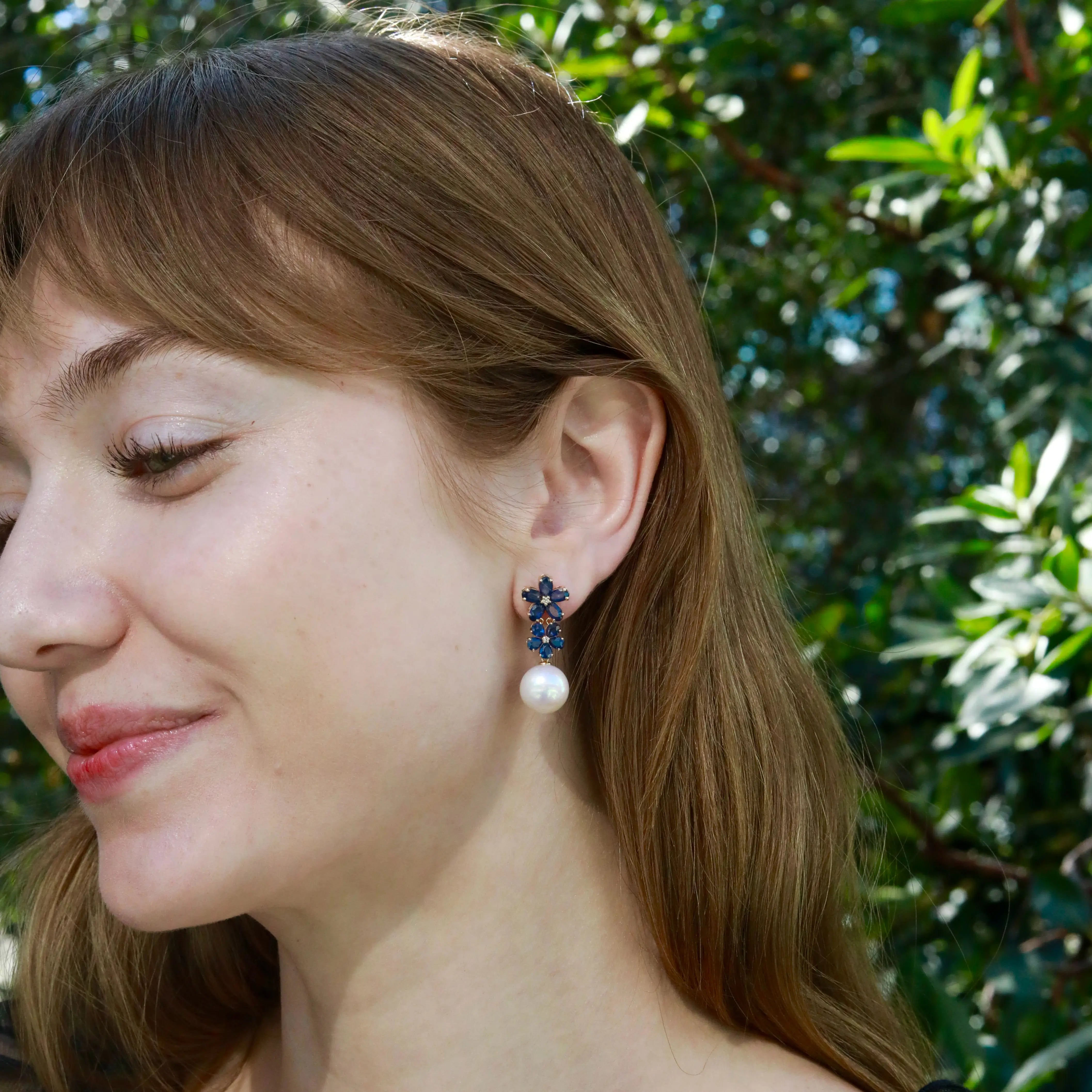 Natural blue Sapphire Diamond Double Blossom Pearl Convertible Drop Earrings in 14k gold
