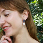 Natural blue Sapphire Diamond Double Blossom Pearl Convertible Drop Earrings in 14k gold