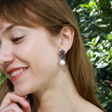 Natural blue Sapphire Diamond Double Blossom Pearl Convertible Drop Earrings in 14k gold