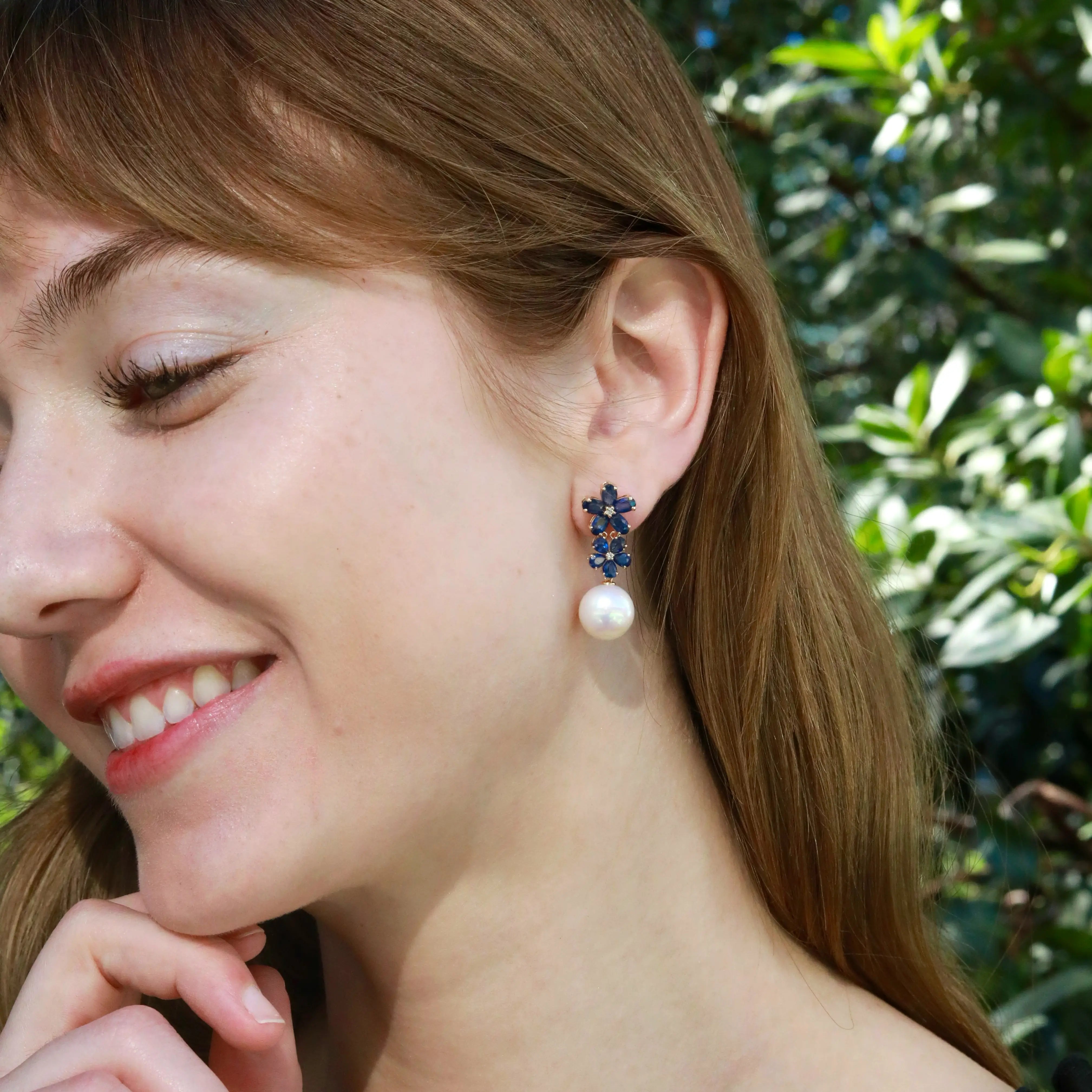 Natural blue Sapphire Diamond Double Blossom Pearl Convertible Drop Earrings in 14k gold