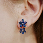 Nina Zhou Natural Royal Blue Sapphire Diamond Double Blossom Drop Earrings in 14k Gold