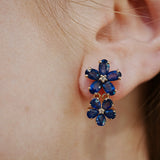 Nina Zhou Natural Royal Blue Sapphire Diamond Double Blossom Drop Earrings in 14k Gold