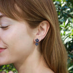 Nina Zhou Natural Royal Blue Sapphire Diamond Double Blossom Drop Earrings in 14k Gold