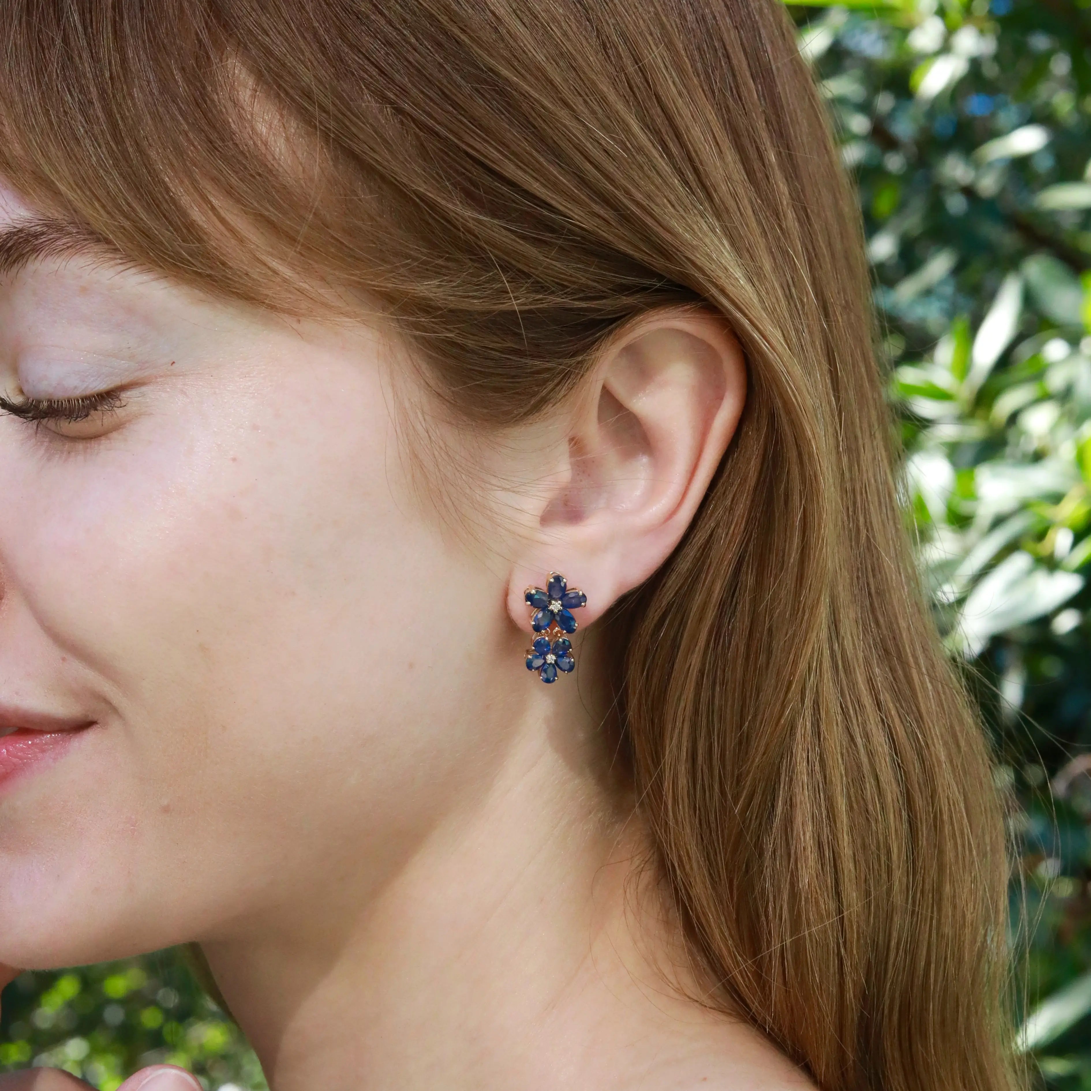 Nina Zhou Natural Royal Blue Sapphire Diamond Double Blossom Drop Earrings in 14k Gold