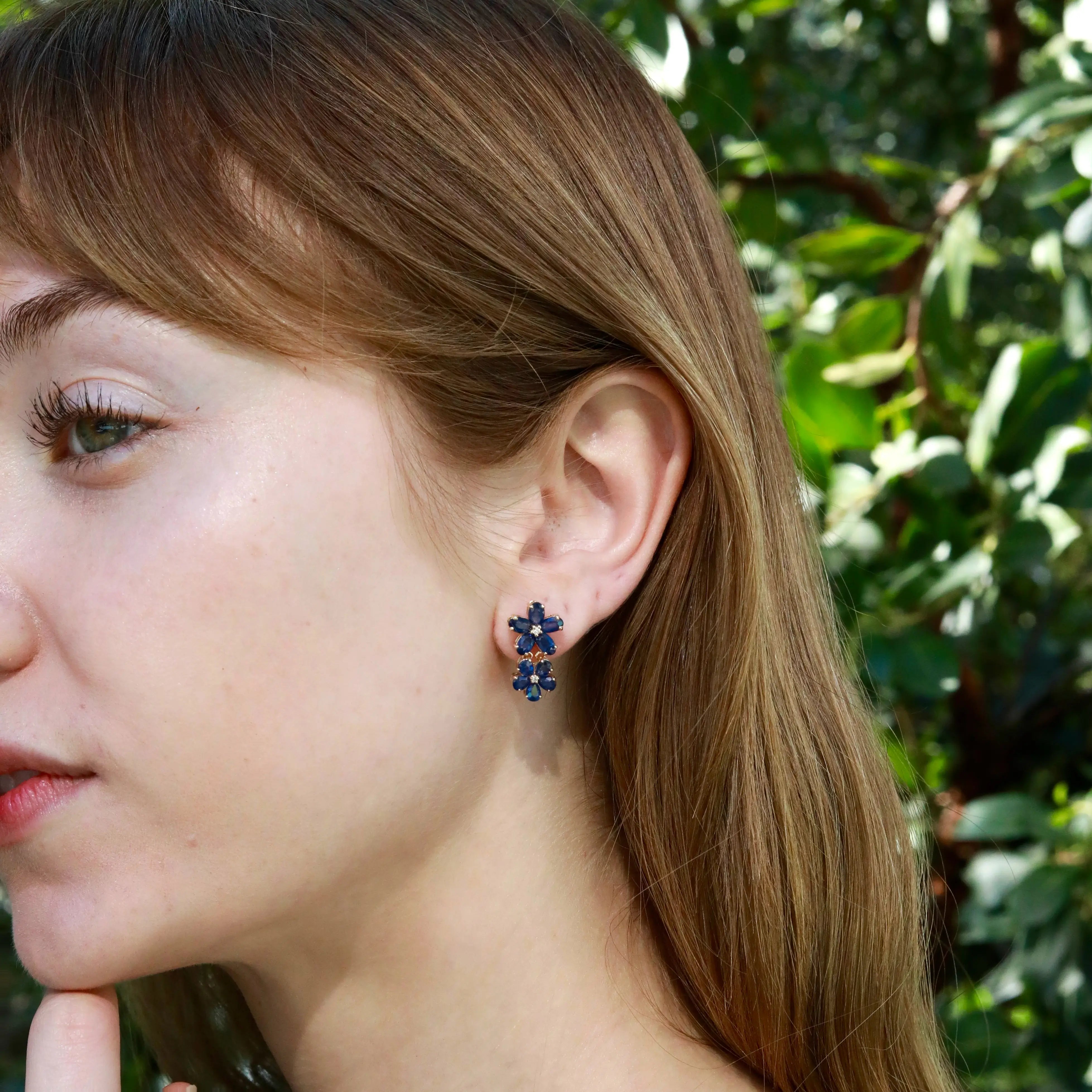 Nina Zhou Natural Royal Blue Sapphire Diamond Double Blossom Drop Earrings in 14k Gold