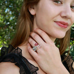 Natural Aquamarine, Morganite, Pink Tourmaline & Diamond Flower Blossom Cocktail Ring in 14k gold