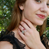 Natural Aquamarine, Morganite, Pink Tourmaline & Diamond Flower Blossom Cocktail Ring in 14k gold