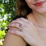 Natural Aquamarine, Morganite, Pink Tourmaline & Diamond Flower Blossom Cocktail Ring in 14k gold