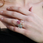 Natural Aquamarine, Morganite, Pink Tourmaline & Diamond Flower Blossom Cocktail Ring in 14k gold