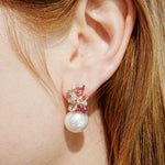Nina Zhou Elizabeth Natural Morganite, Pink Tourmaline and Diamond Cluster Pearl Convertible Drop Earrings 14k yellow gold