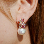 Nina Zhou Elizabeth Natural Morganite, Pink Tourmaline and Diamond Cluster Pearl Convertible Drop Earrings 14k yellow gold