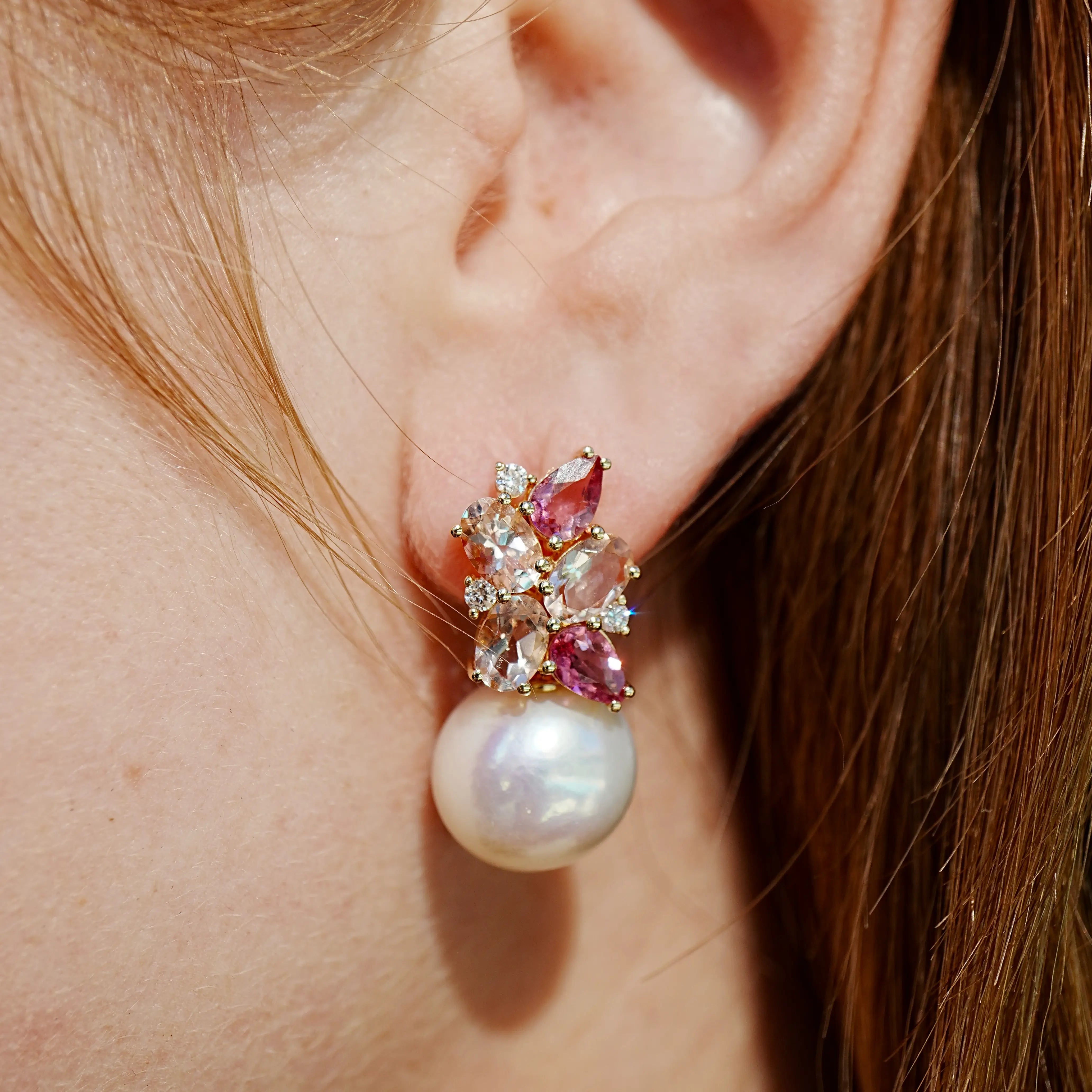 Nina Zhou Elizabeth Natural Morganite, Pink Tourmaline and Diamond Cluster Pearl Convertible Drop Earrings 14k yellow gold