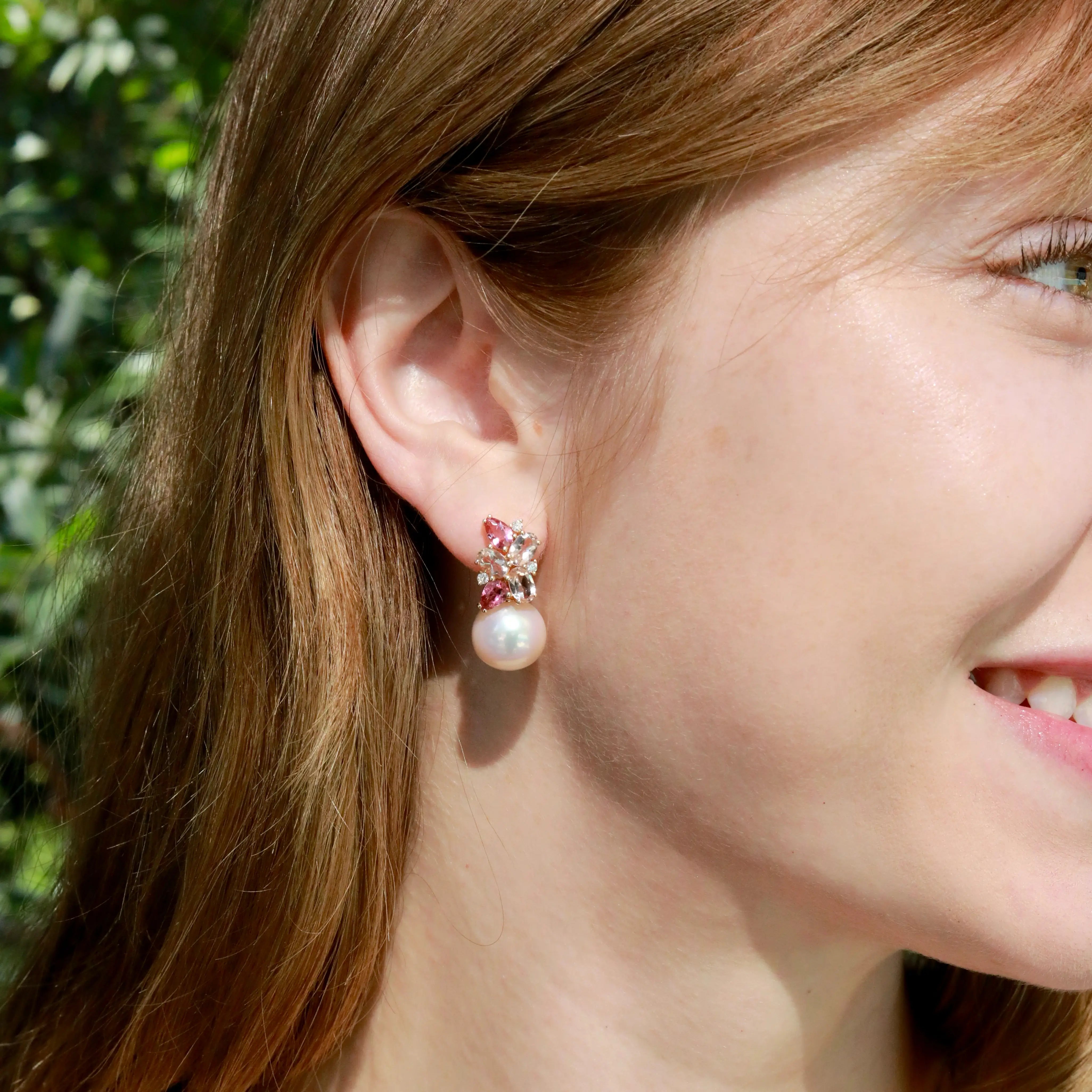 Nina Zhou Elizabeth Natural Morganite, Pink Tourmaline and Diamond Cluster Pearl Convertible Drop Earrings 14k yellow gold