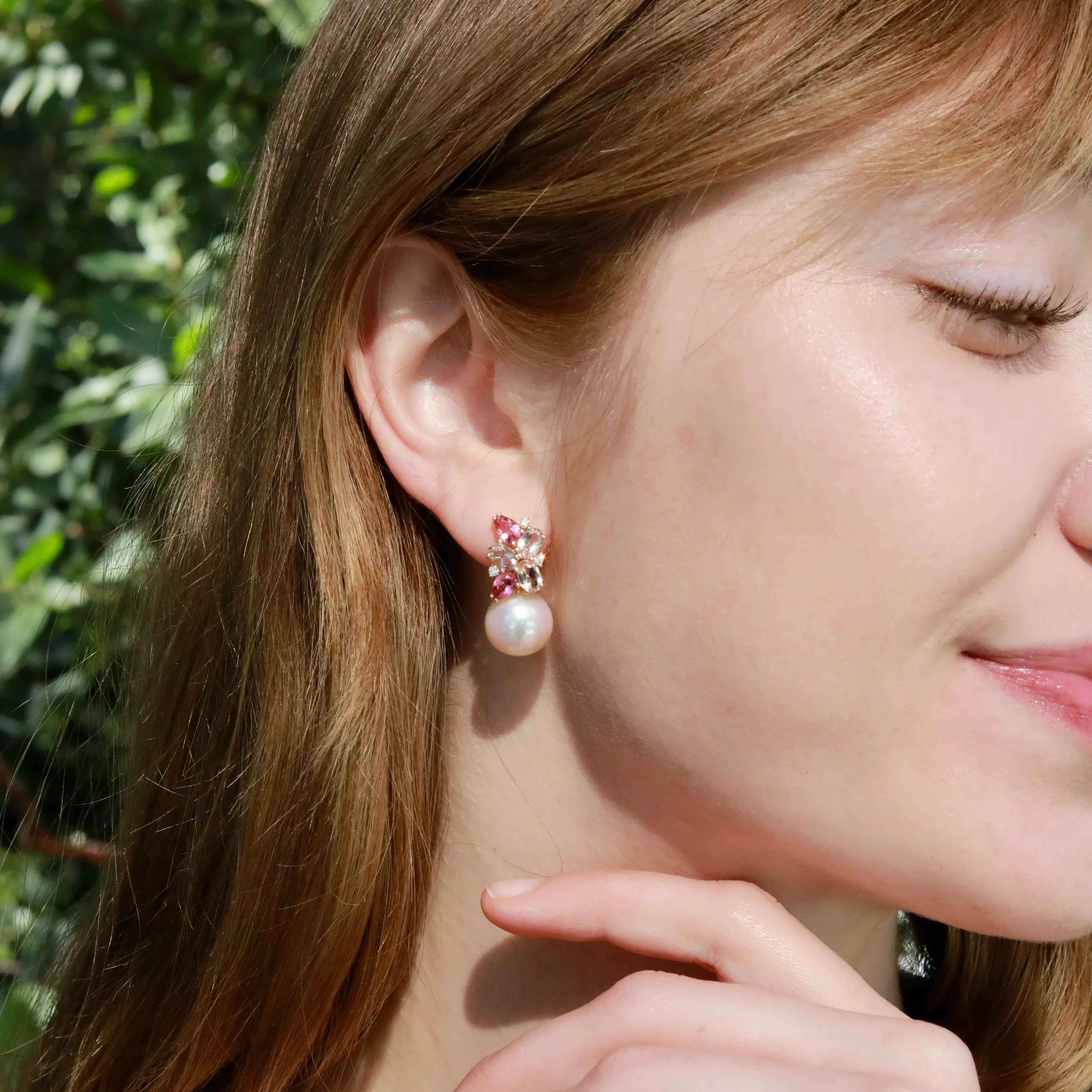 Nina Zhou Elizabeth Natural Morganite, Pink Tourmaline and Diamond Cluster Pearl Convertible Drop Earrings 14k yellow gold