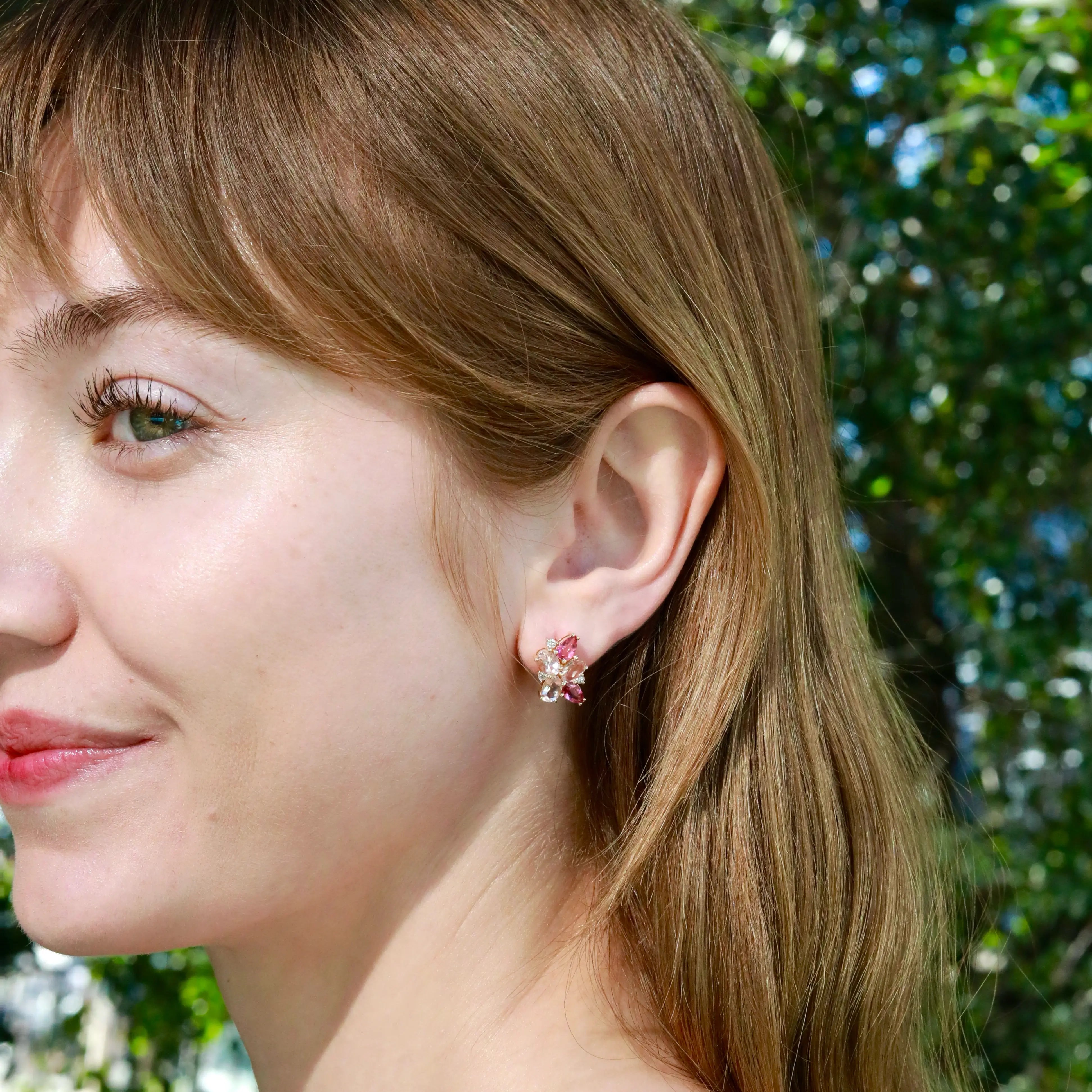 Elizabeth Natural Morganite, Pink Tourmaline and Diamond Cluster Earrings in 14K Gold