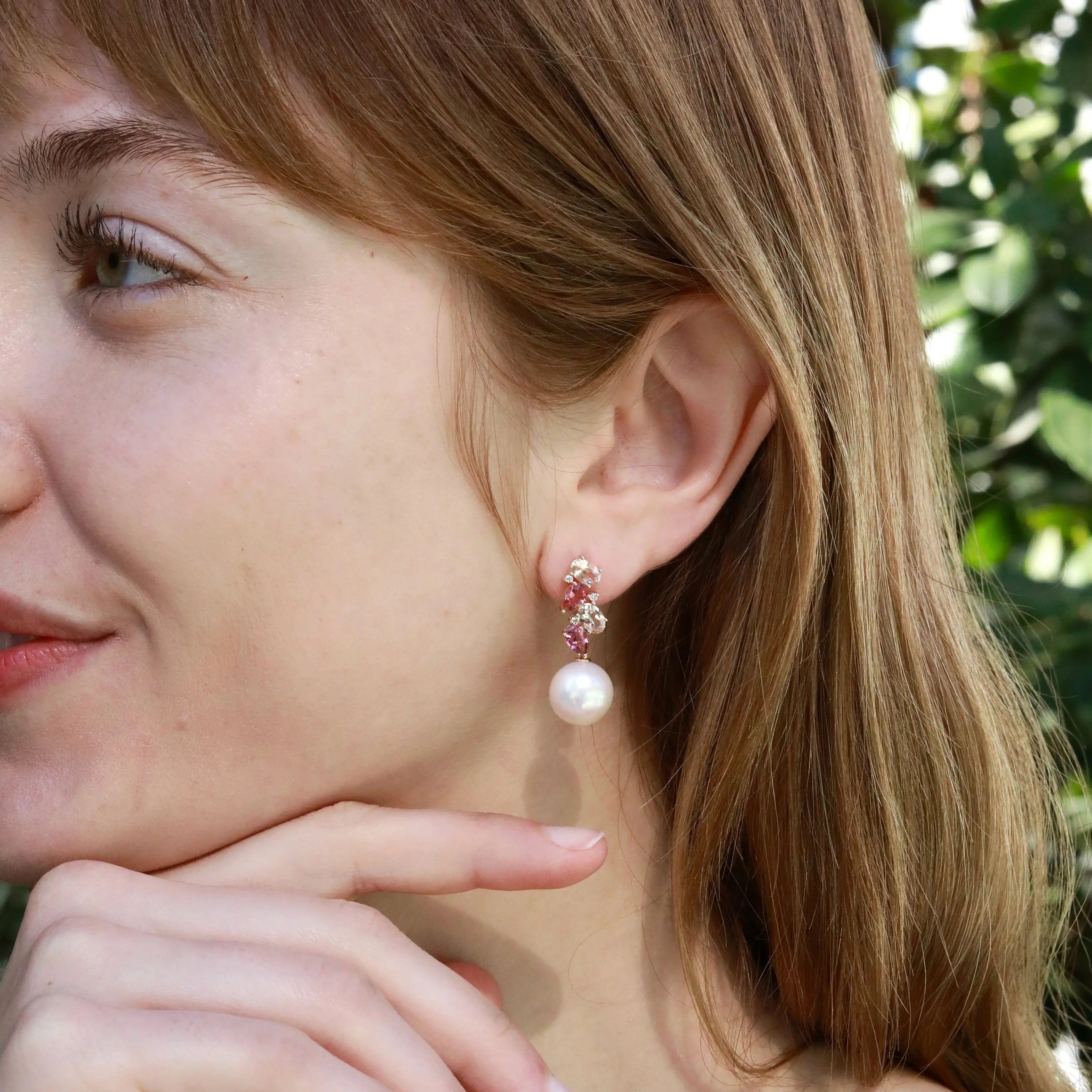 Nina Zhou Nosa 14K Gold Natural Morganite, Pink Tourmaline and Diamond Pearl Drop Earrings
