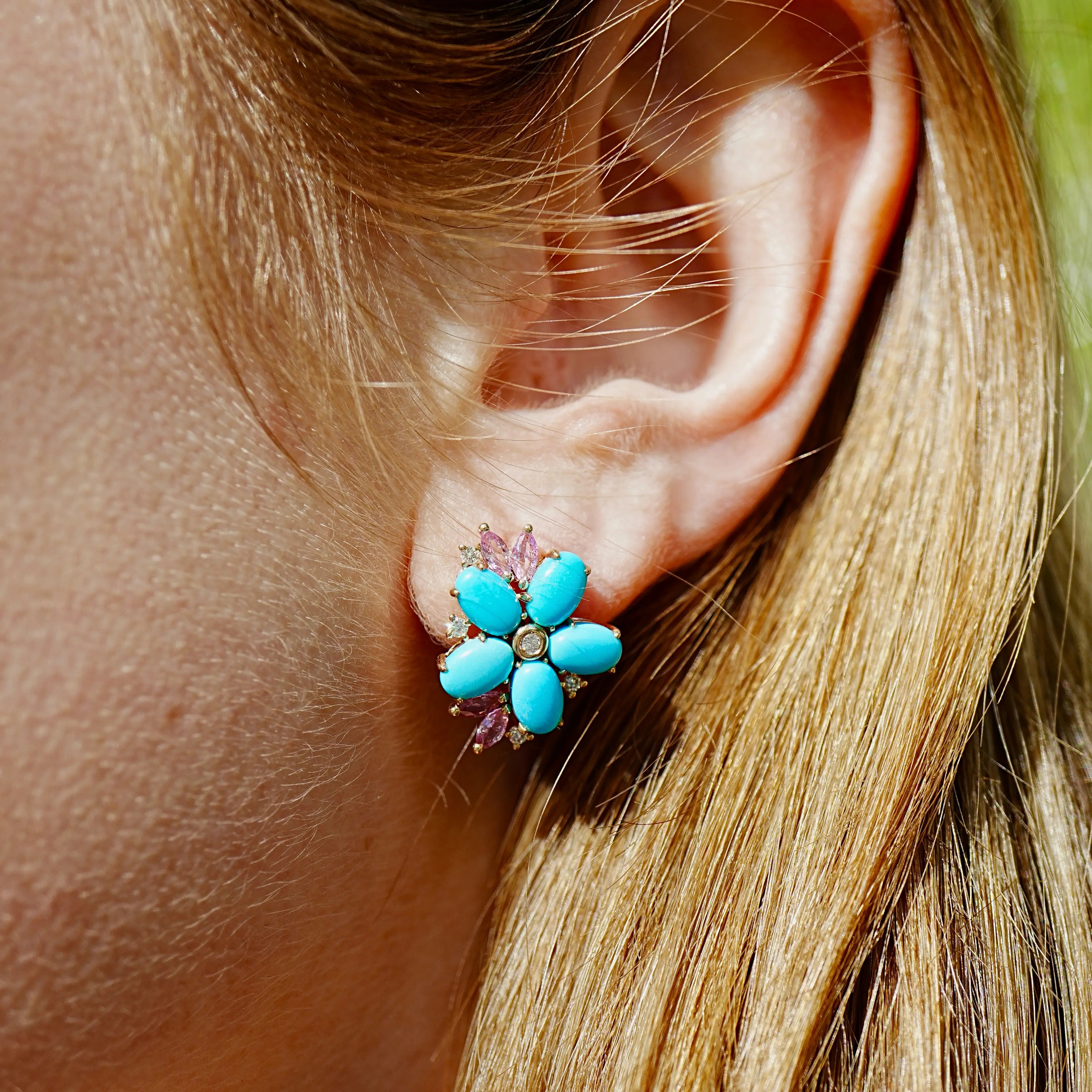 Nina Zhou 14k Yellow Gold Natural Turquoise Pink Sapphire Diamond Blossom Earrings
