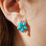 Nina Zhou 14k Yellow Gold Natural Turquoise Pink Sapphire Diamond Blossom Earrings