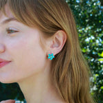 Nina Zhou 14k Yellow Gold Natural Turquoise Pink Sapphire Diamond Blossom Earrings